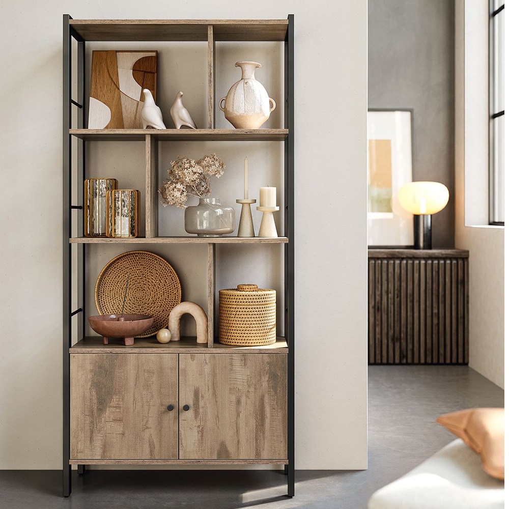 Kirjahylly, 4 hyllyä ja kaappi – vintage-ruskea ja musta teräs