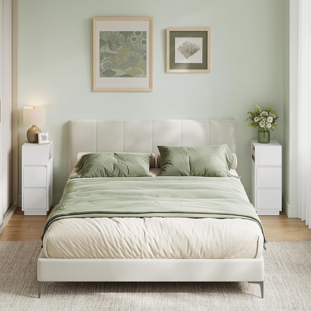 Yöpöydät, 2 kpl, laatikoilla ja hyllyllä – Valkoinen