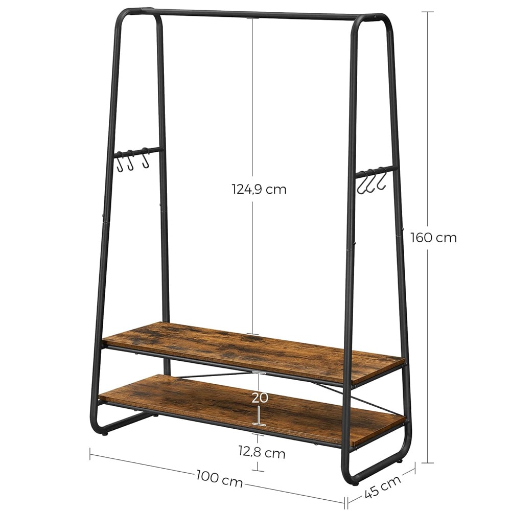 Metallinen vaateteline kahdella puuhyllyllä – Rustiikin ruskea/musta