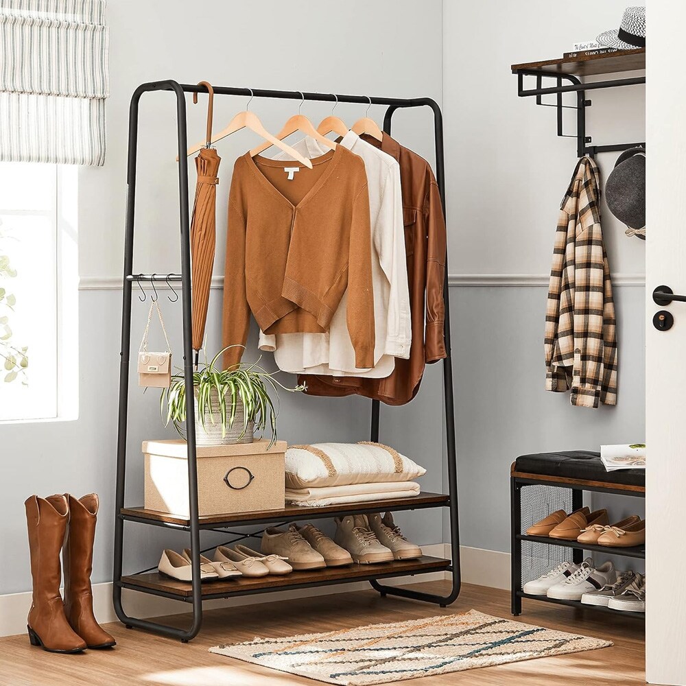 Metallinen vaateteline kahdella puuhyllyllä – Rustiikin ruskea/musta