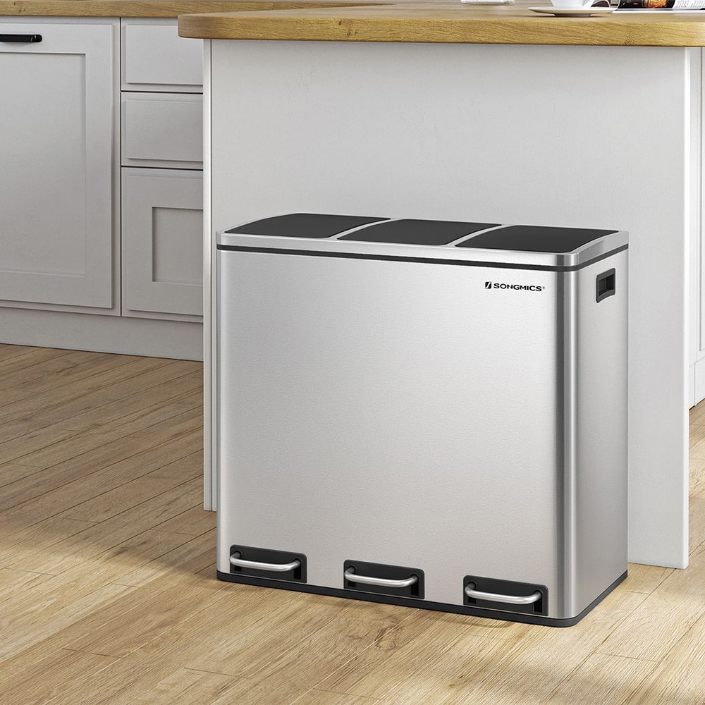 Poljinkäyttöinen roskakori, jossa on 3 lokeroa jätteiden lajitteluun – Hopea/Musta