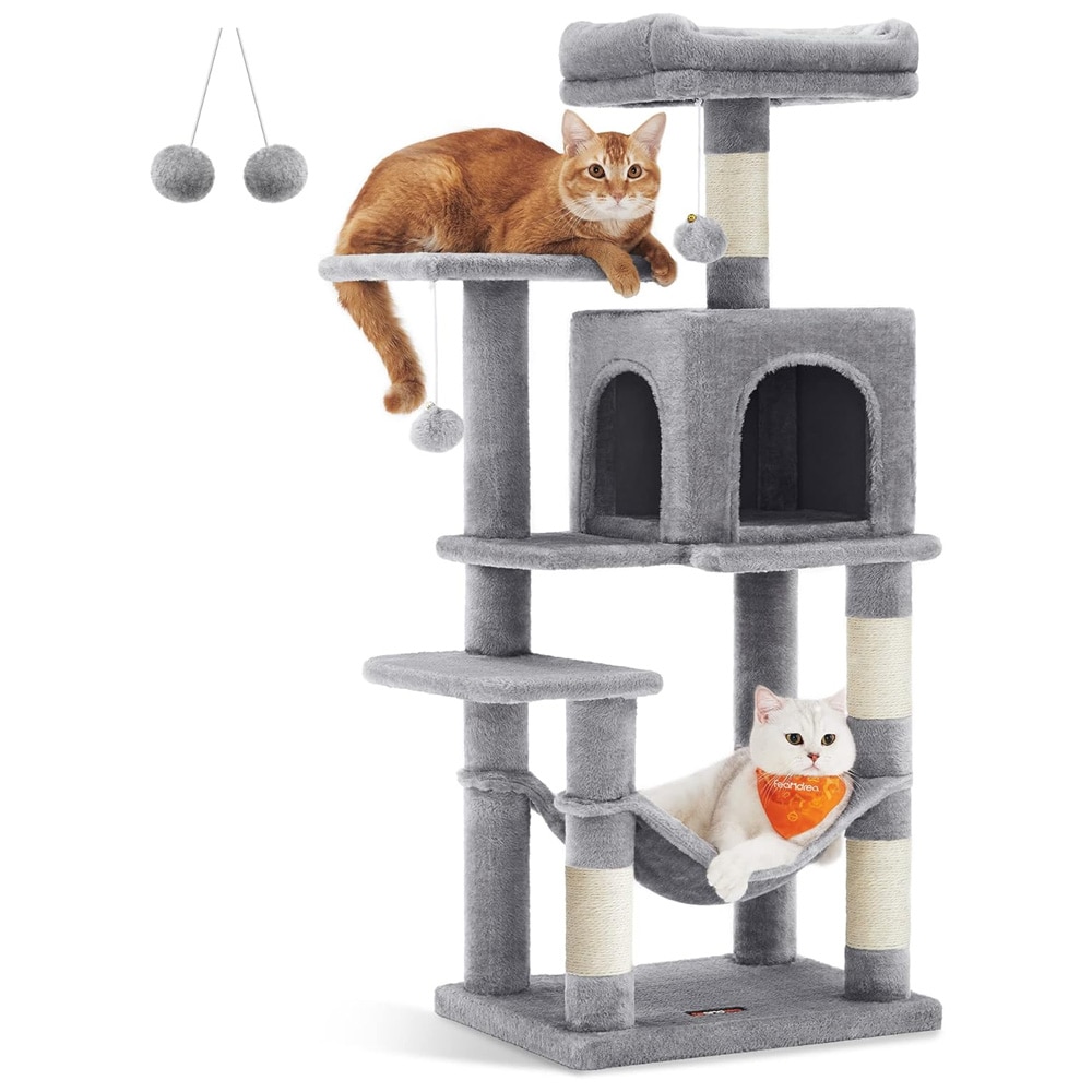 Raapimispuu, jossa on maja, riippumatto ja useita tasoja – Harmaa/Beige