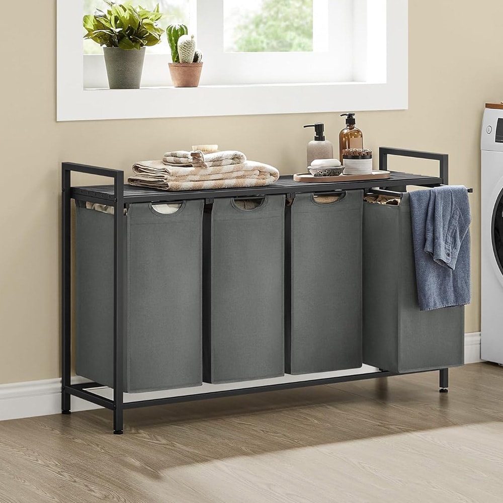 Pyykkikori, jossa on 4 ulosvedettävää lokeroa ja puinen hylly – Musta/Harmaa