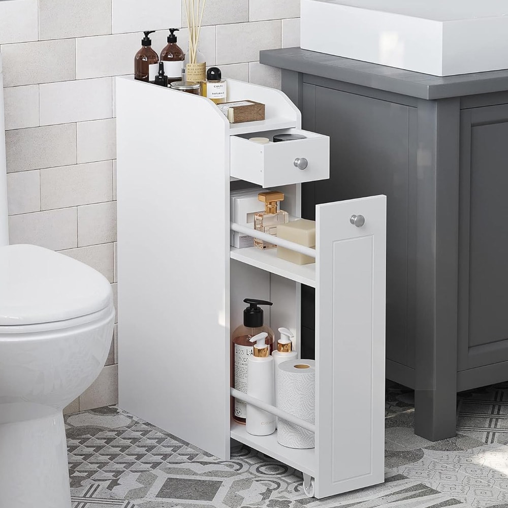 Ohut kylpyhuonekaappi ulosvedettävällä laatikolla – Valkoinen