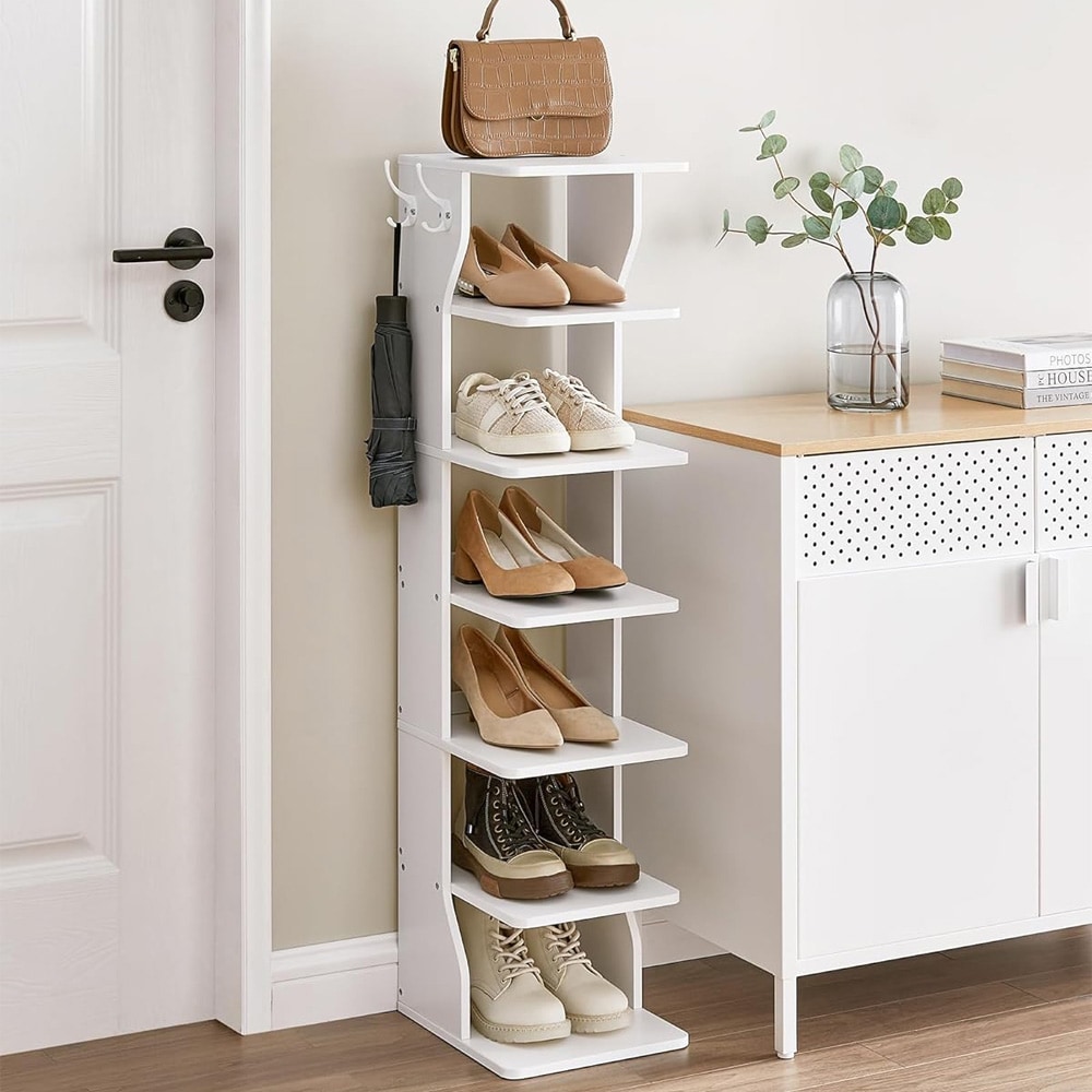 Kapea kenkähylly 7 tasolla ja koukuilla – Valkoinen