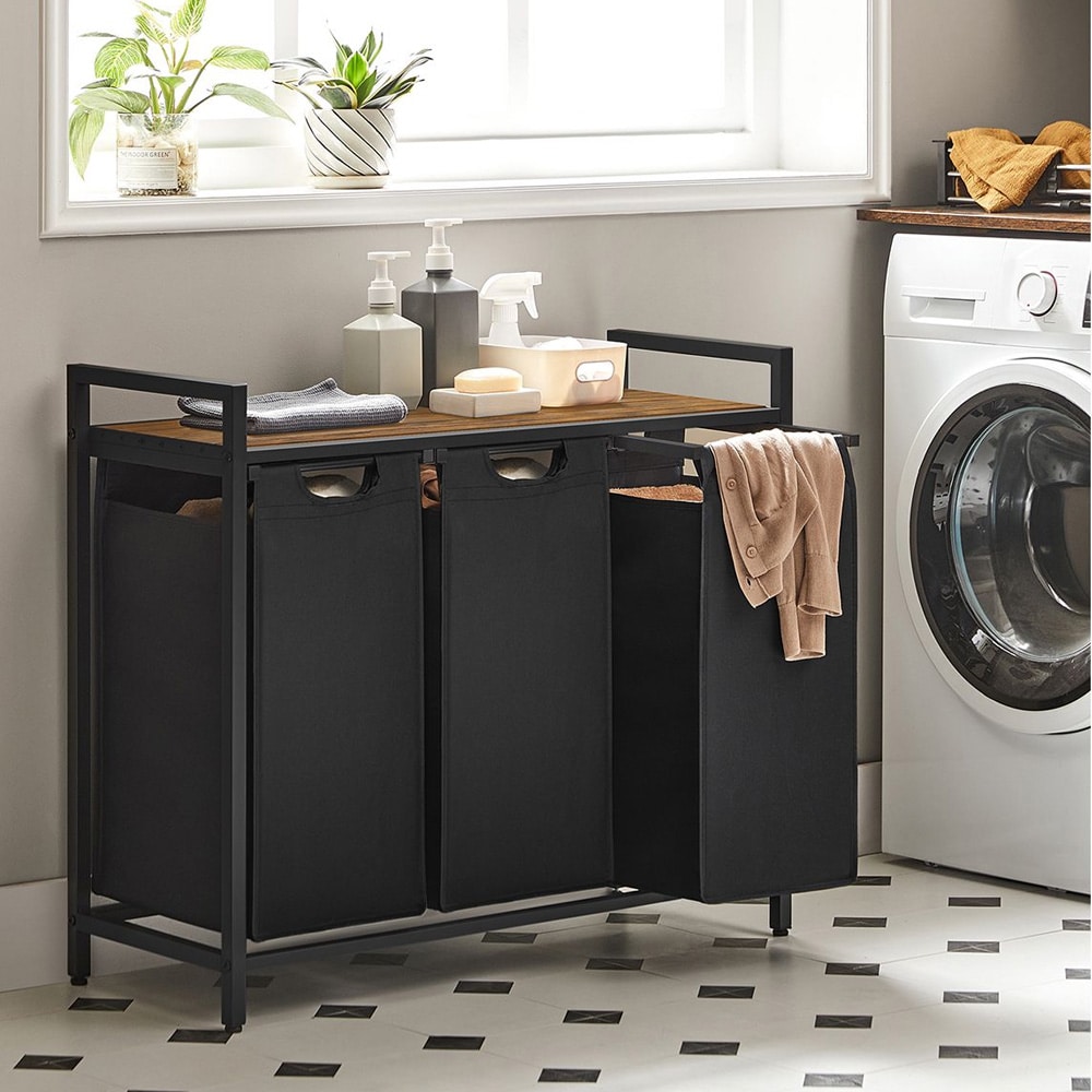 Pyykkikori, jossa on 3 ulosvedettävää lokeroa ja puuhylly – Musta