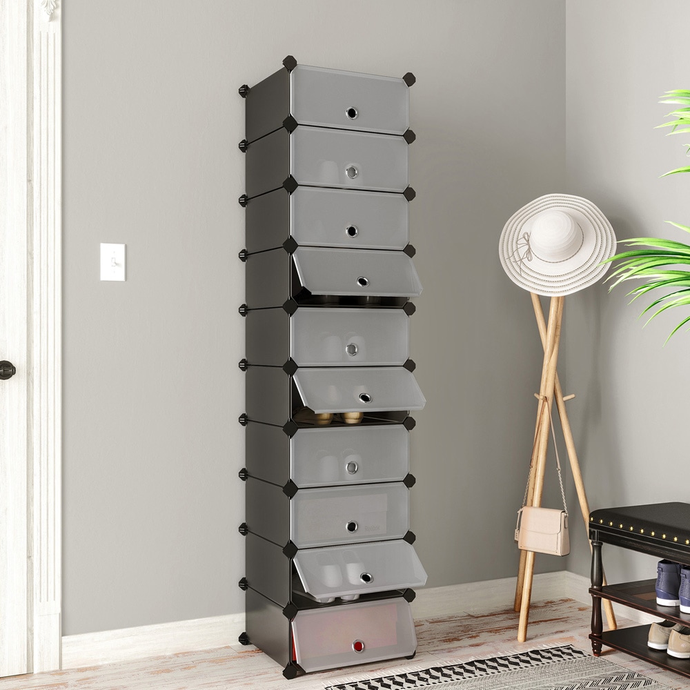 Kenkäkaappi 10 osastolla – modulaarinen kenkähylly mustasta muovista
