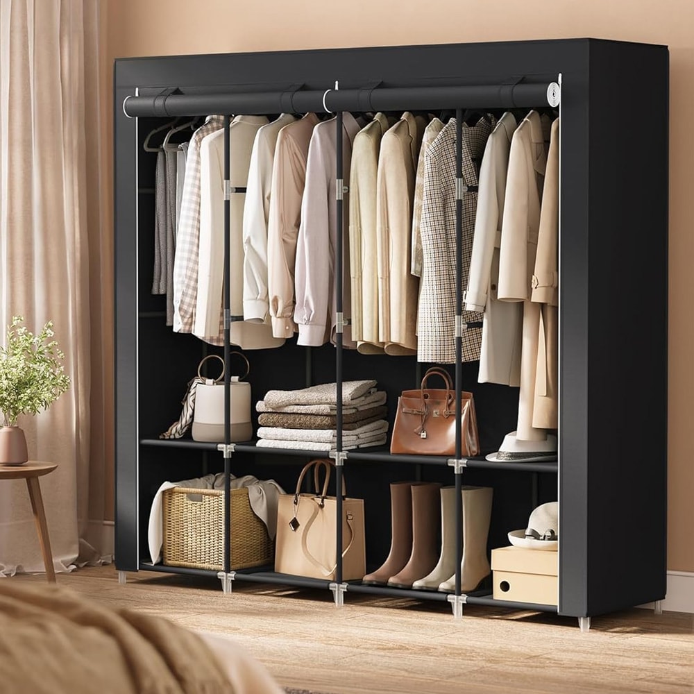 Kannettava vaatekaappi, jossa on vaatekisko ja hyllyt - Svart