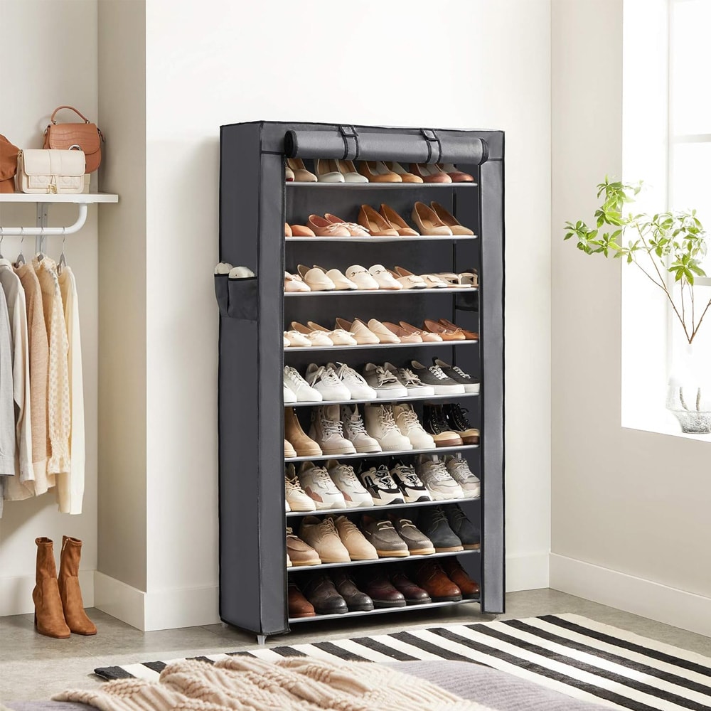 Kenkäteline, jossa on 10 hyllyä ja pölysuoja – Harmaa