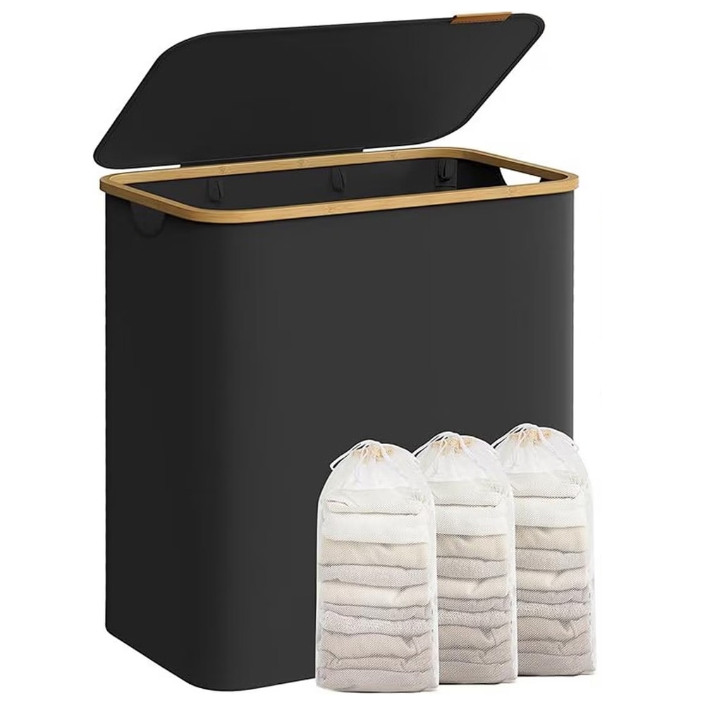 Suuri pyykkikori, jossa on kansi ja 3 lokeroa - Svart