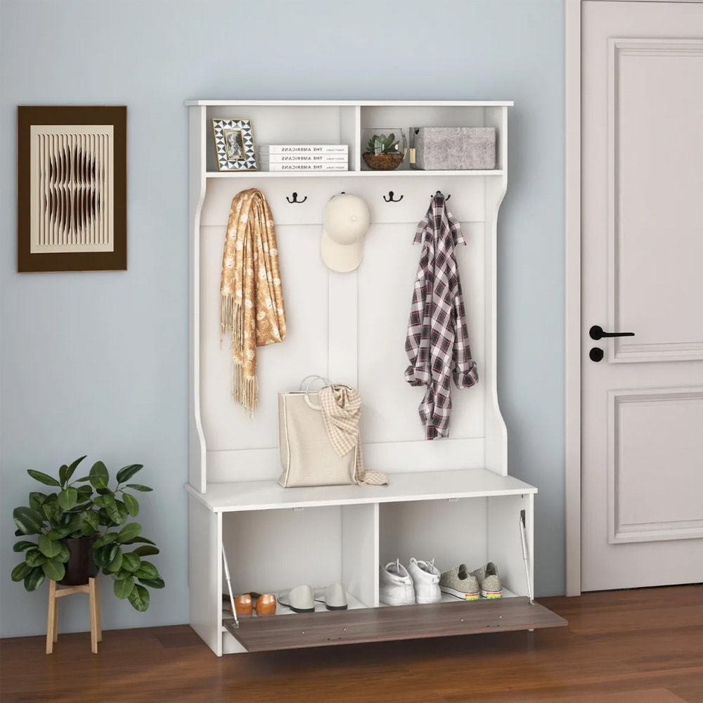 3-in-1 naulakko penkillä, koukuilla ja kaapilla – valkoinen