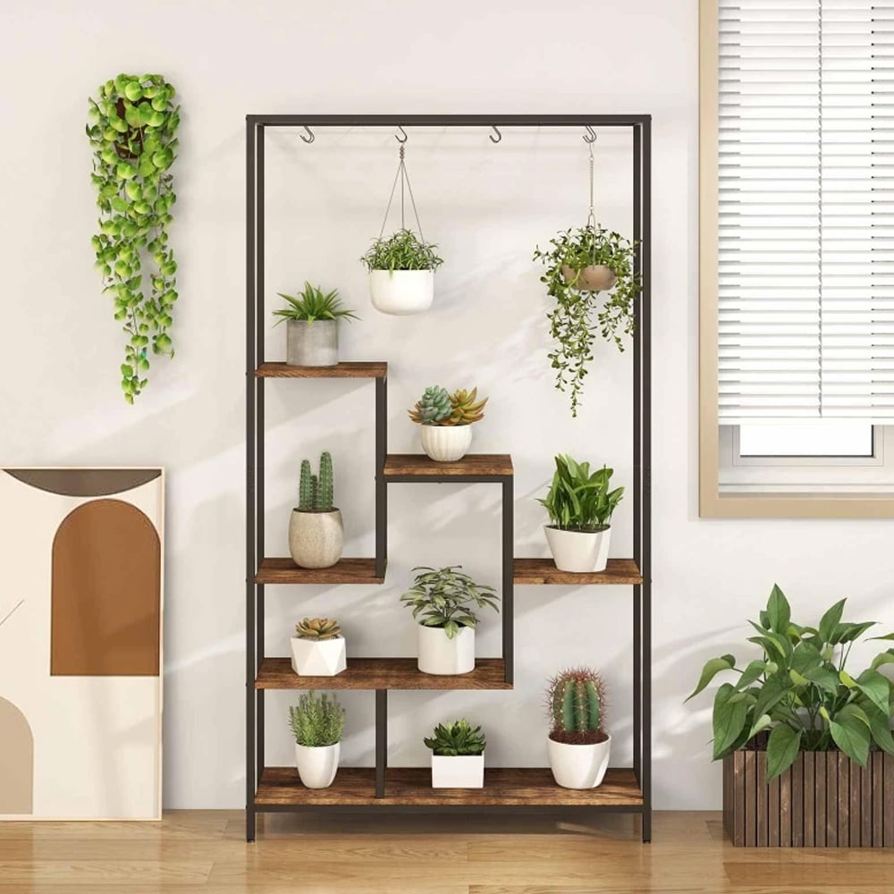 Kasviteline, metallia, 6 hyllyä, 180 cm – Rustiikkinen ruskea