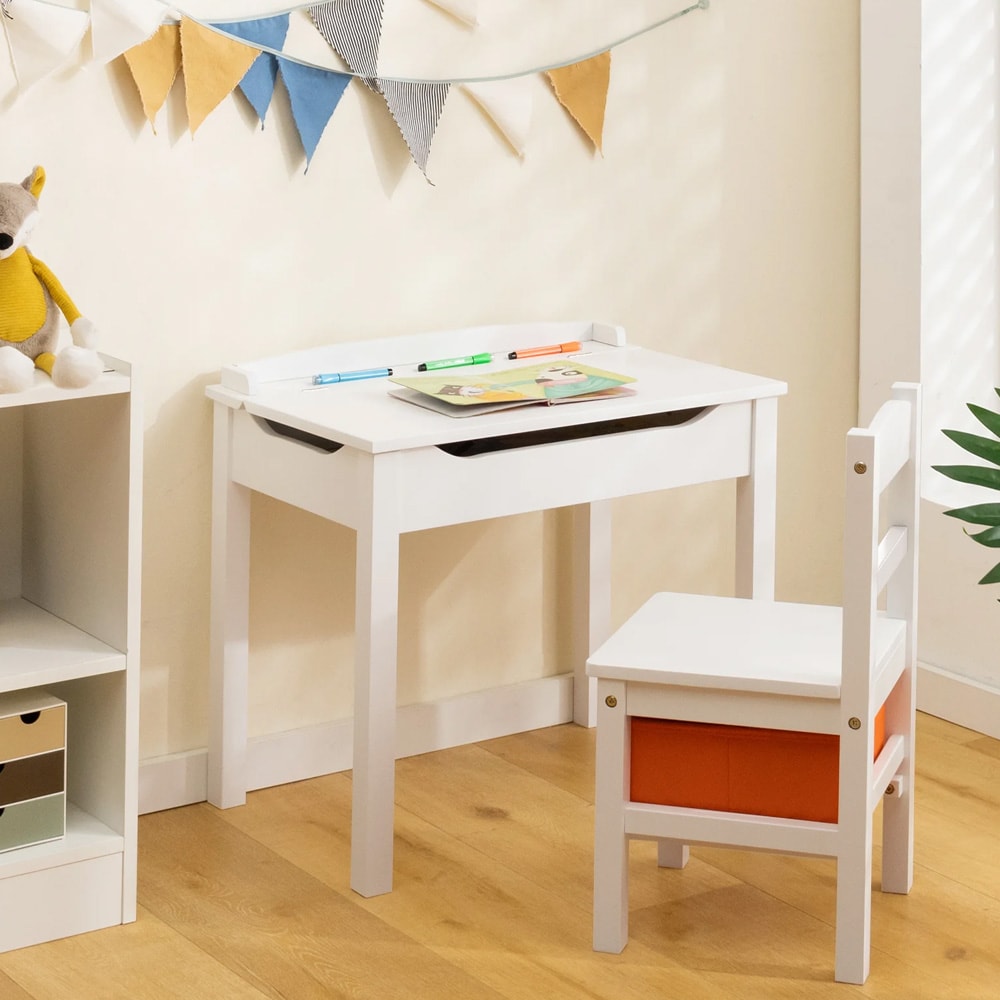 Lasten pöytä ja tuoli säilytystilalla – Valkoinen