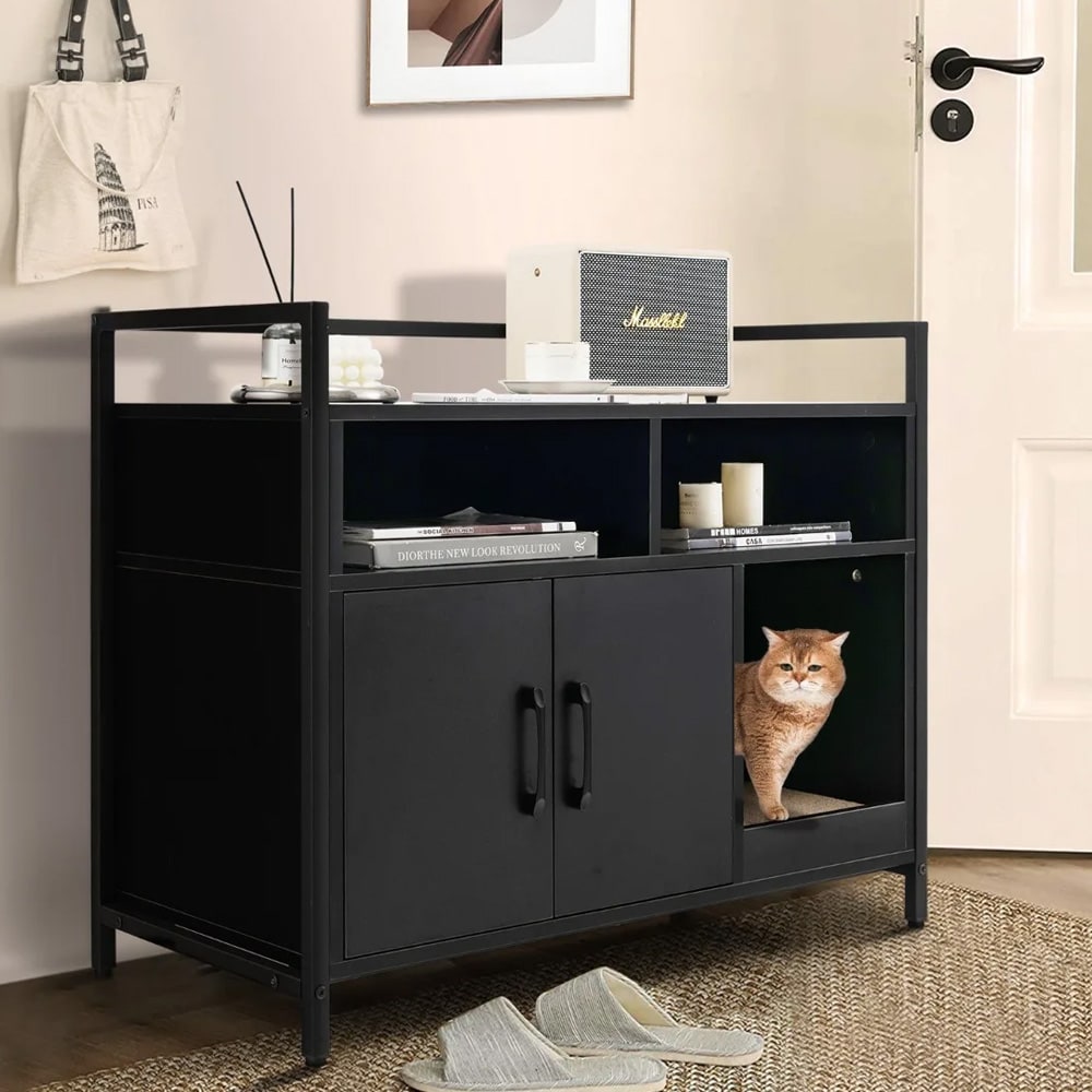 Kissanvessakaappi säilytystilalla ja raapimislevyllä – Musta