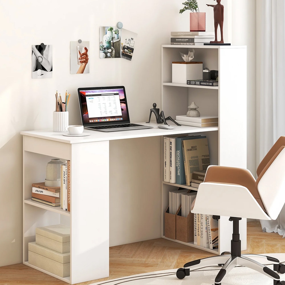 Pöytä hyllyillä – valkoinen