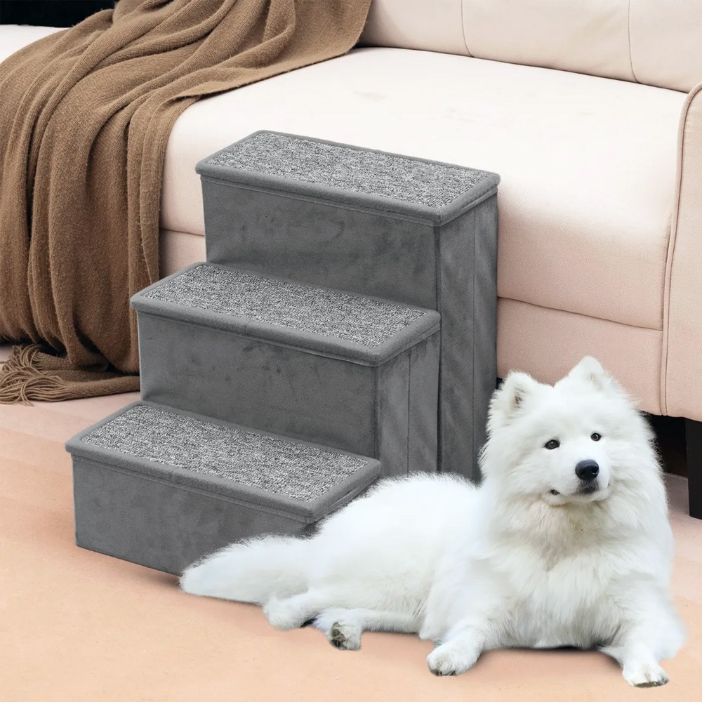 Koiraportaat 3 askelmaa säilytystilalla ja liukuesteellä – Harmaa