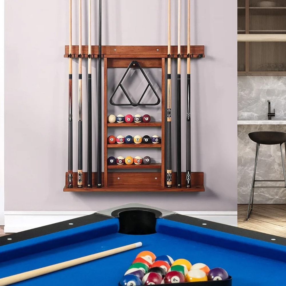 Seinään kiinnitettävä teline 8 biljardikepille ja 15 pallolle