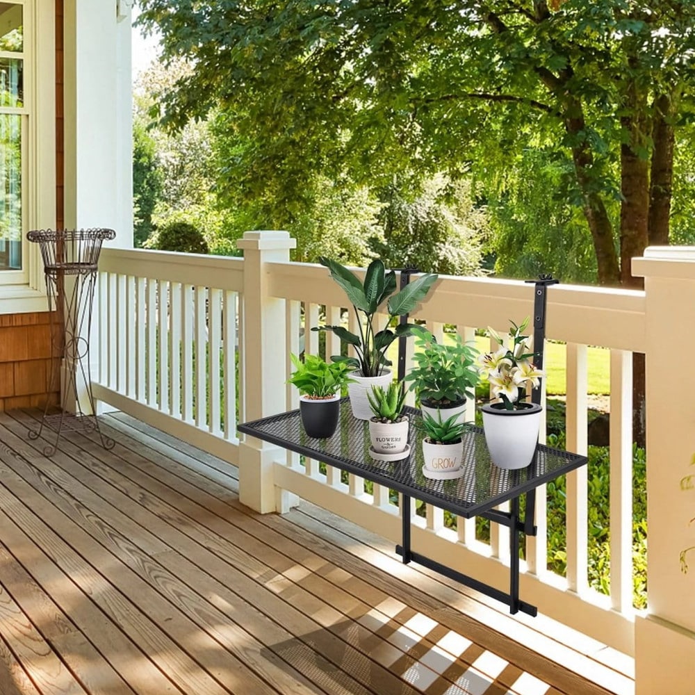 Parvekepöytä kaiteeseen, säädettävä korkeus – musta