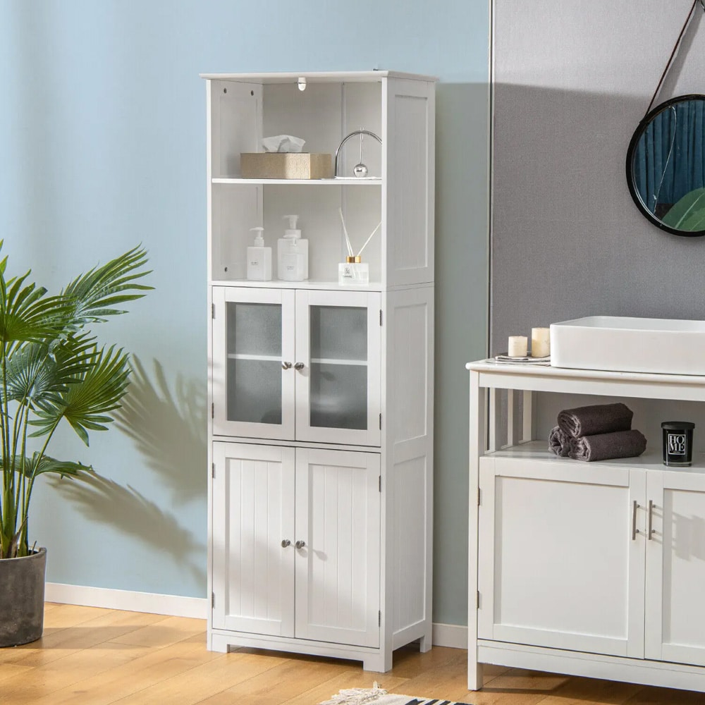 Kylpyhuonekaappi 163 cm, lasiovet ja säädettävät hyllyt – Valkoinen