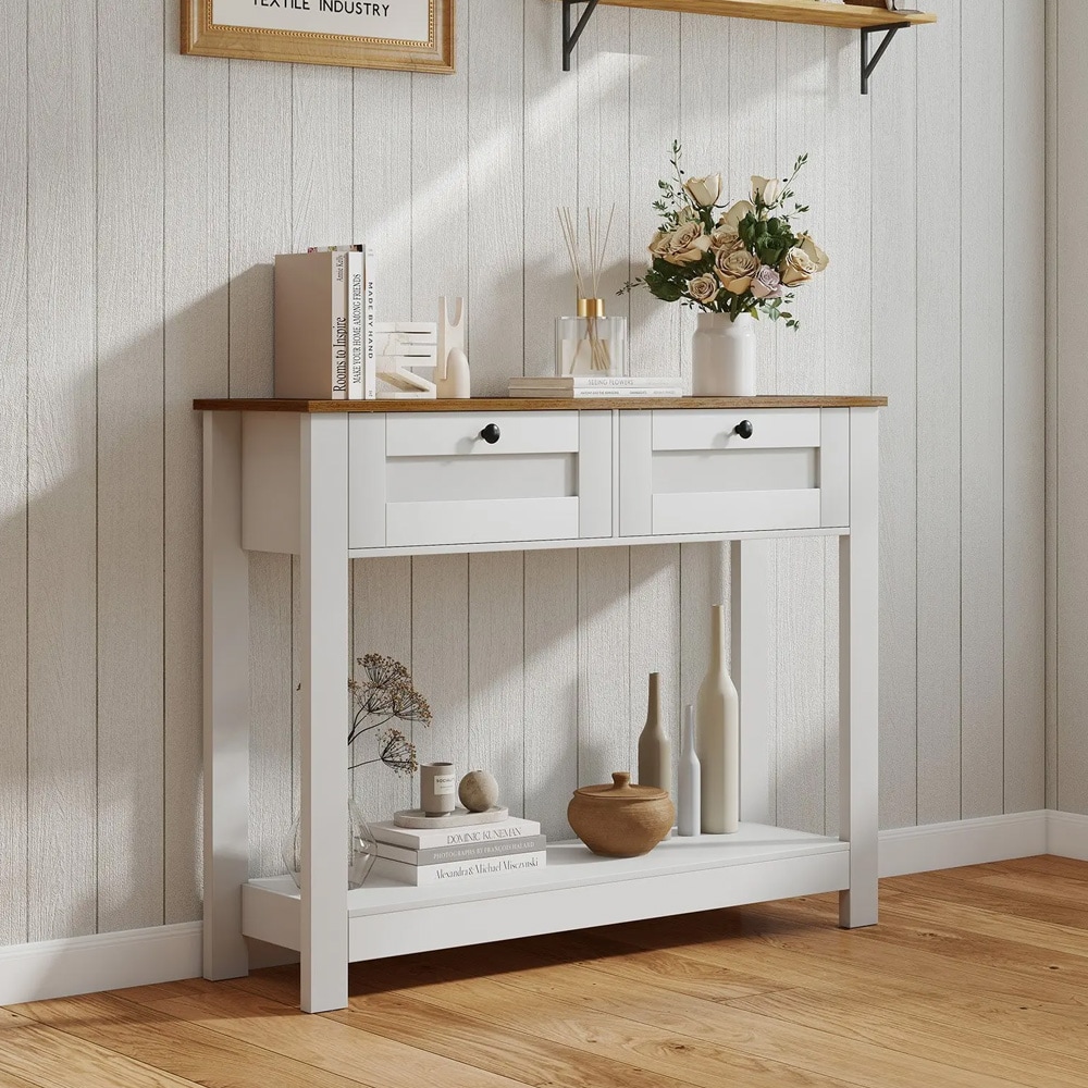 Konsolipöytä kahdella laatikolla ja hyllyllä 106 cm – Valkoinen/Puu