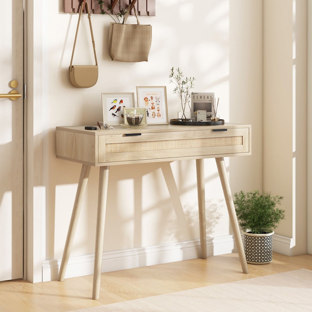 Konsolipöytä laatikolla – rottinki ja puu