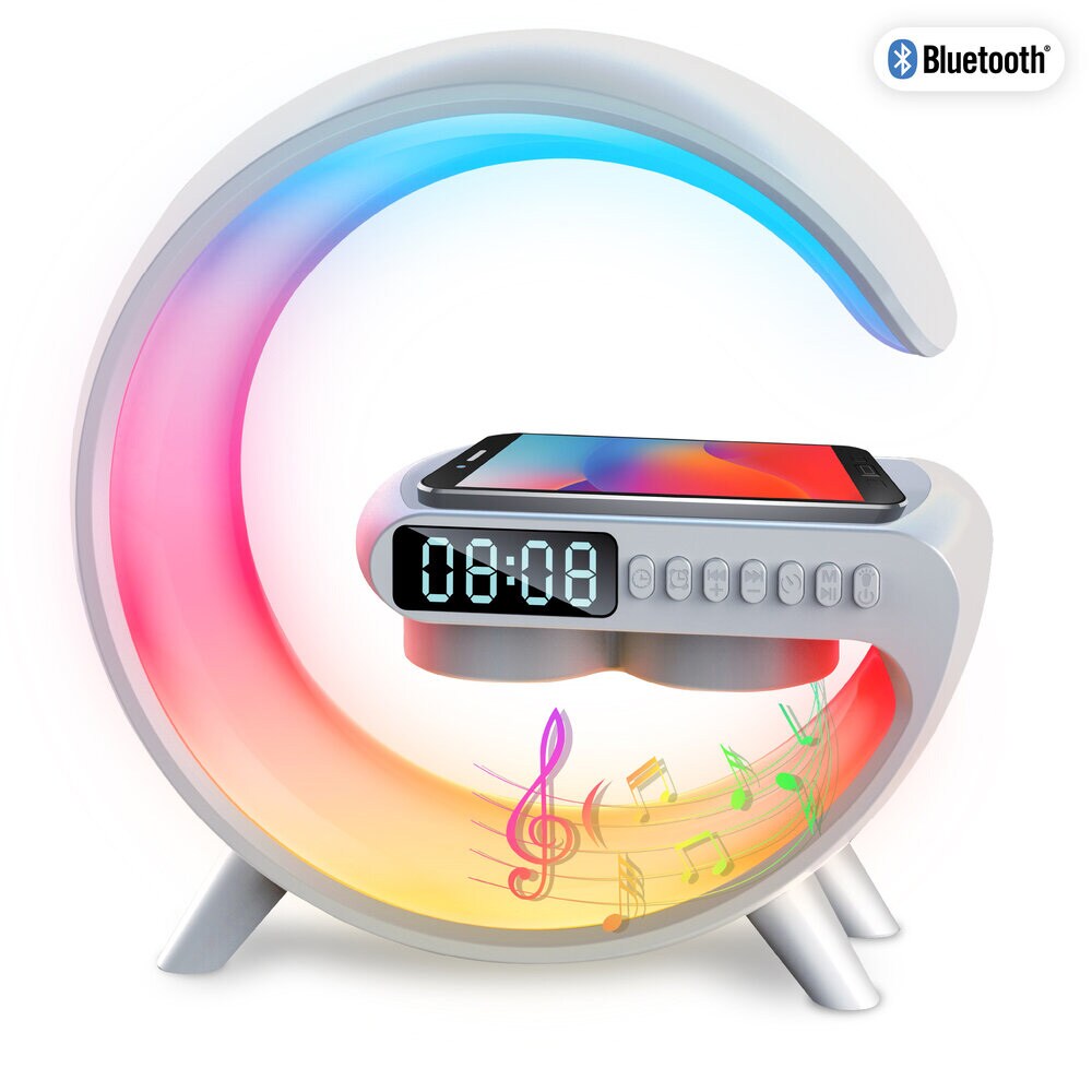 PartyFunLights herätyskello kaiuttimella ja langattomalla puhelinlaturilla