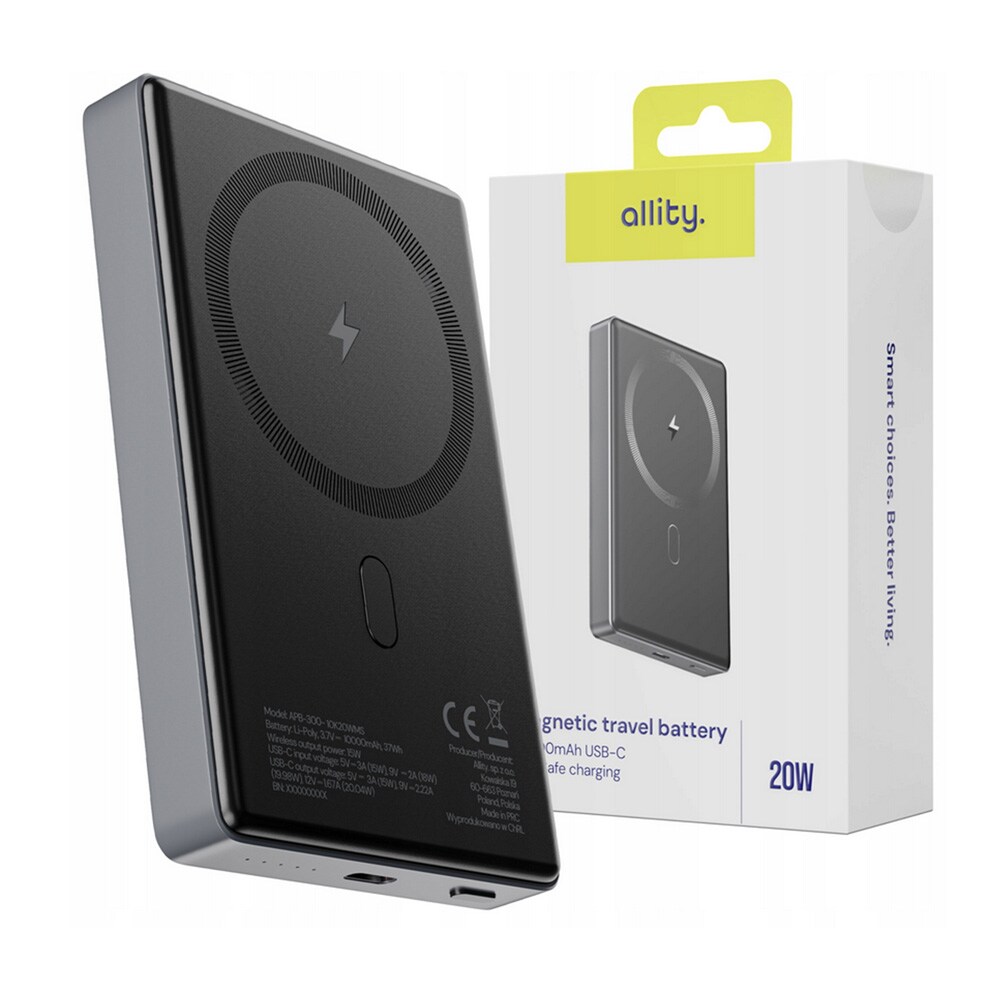Allity Powerbank 10000 mAh MagSafe- ja PD/QC 20W -tuella