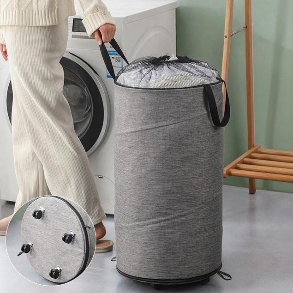 Pyykkikori pyörillä ja kantohihnalla - Harmaa