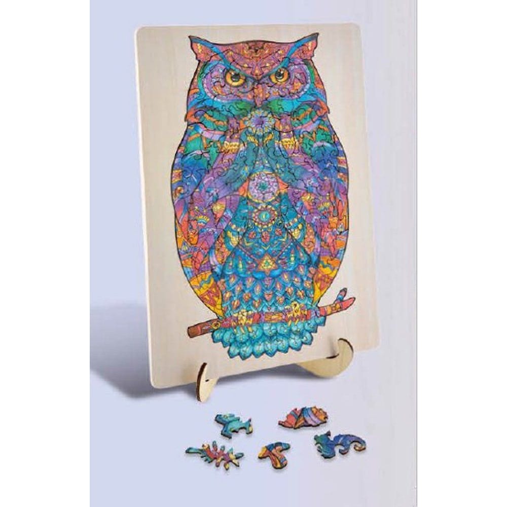 Puinen palapeli - pöllö, jossa on ainutlaatuisia puisia hahmonpaloja