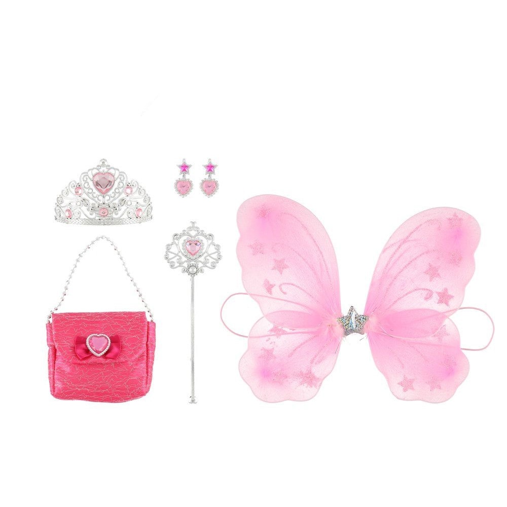Keijun pukusetti Princess, jossa on tiara, siivet, käsilaukku ja taikasauva