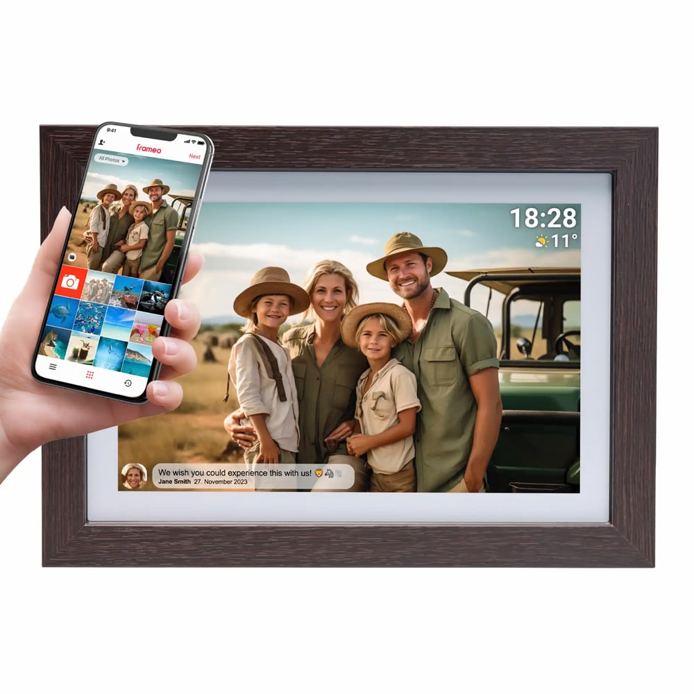 Denver 10,1" WiFi digitaalinen kuvakehys Frameo-jakotoiminnolla, IPS-näyttö, 16 GB, tumma tammi