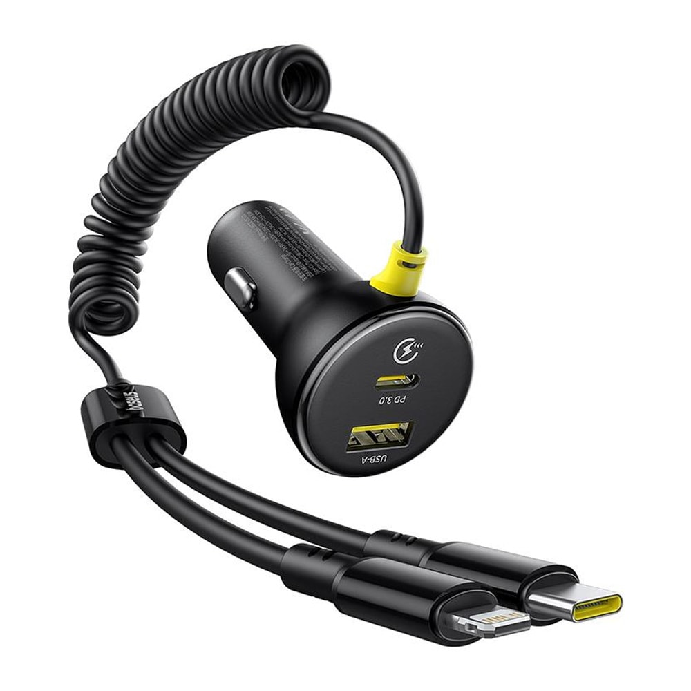 Baseus Autolaturi USB-C ja USB + valaistus ja USB-C kaapeli PD 60W - Svart