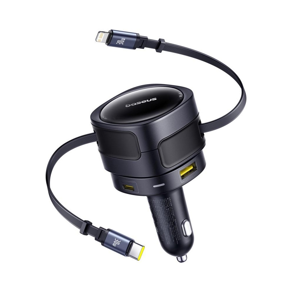 Baseus Autolaturi, jossa 1xUSB-C, 1xUSB PD 90W + sisäänrakennettu USB-C ja Lighting-kaapeli - Svart