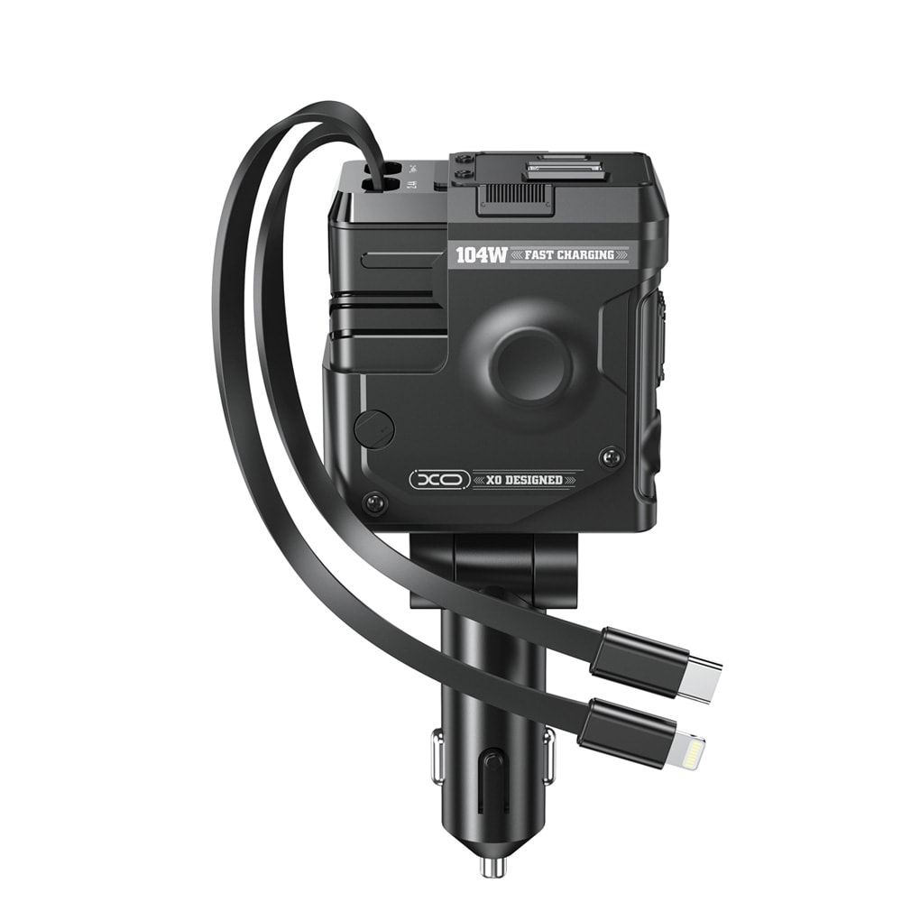 XO Autolaturi, jossa 1xUSB, 1xUSB-C 104W, jossa on sisäänrakennettu USB-C- ja Lightning-kaapeli