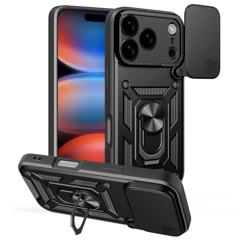 Suojakuori kameransuojalla ja jalustarenkaalla iPhone 17 Prolle – Musta