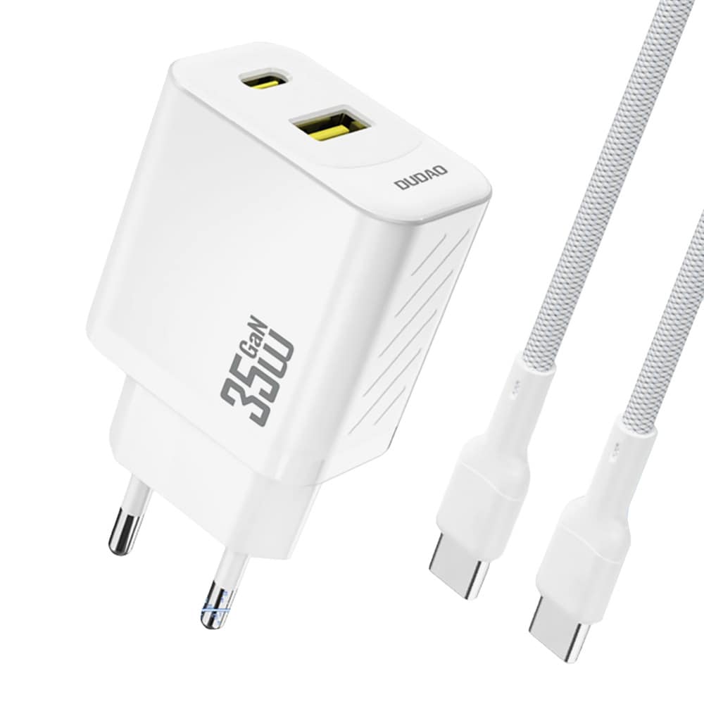 Dudao 35W GaN-seinälaturi USB-C-, USB-A- ja USB-C-kaapelilla – valkoinen