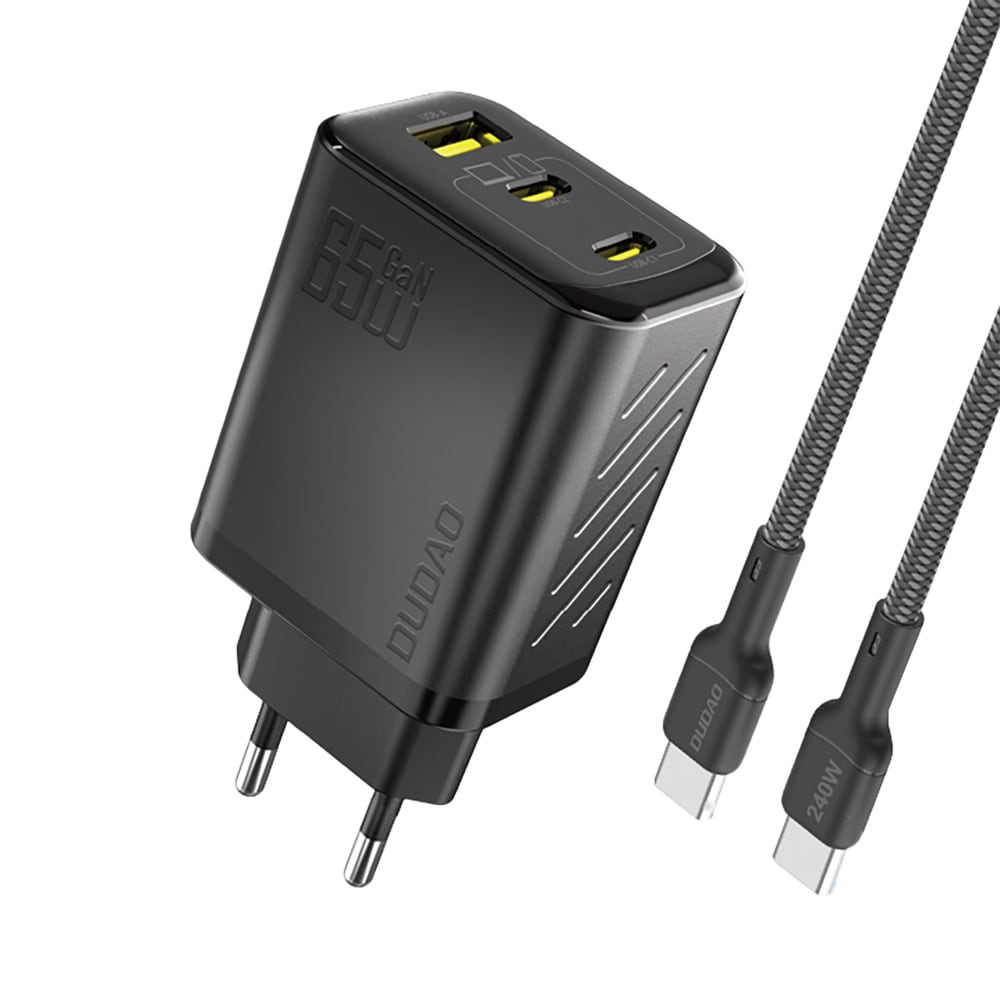 Dudao 65W GaN-seinälaturi USB-C-, USB-A- ja USB-C-kaapelilla – musta