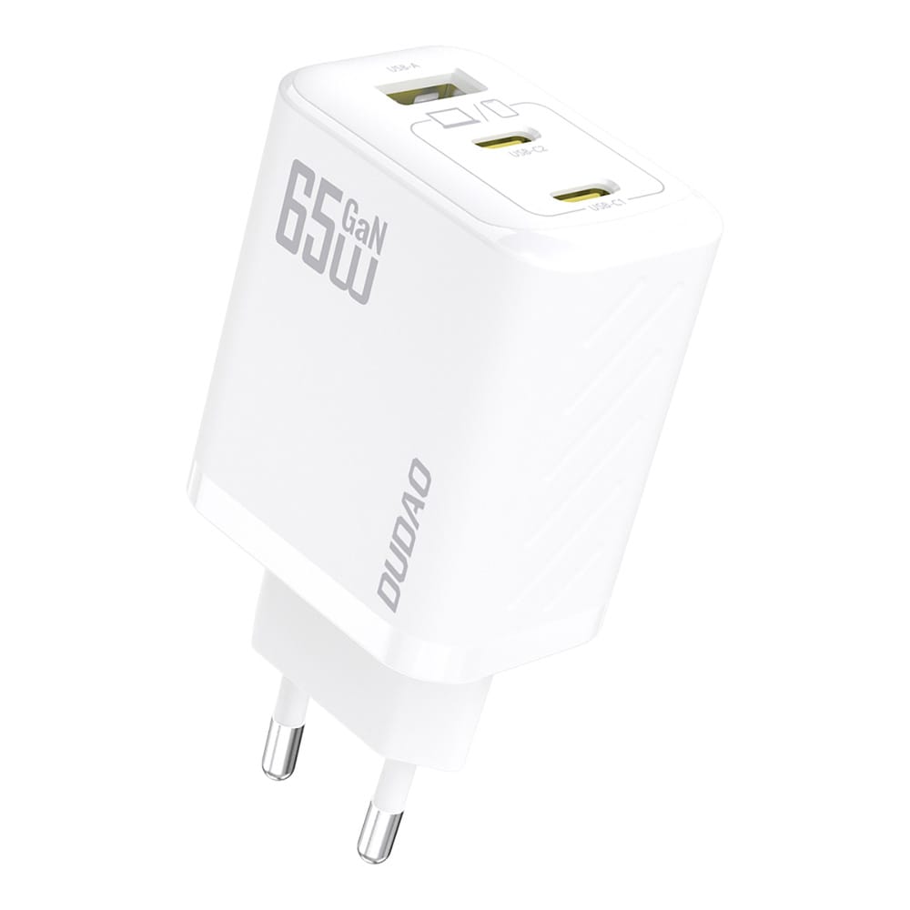 Dudao 65W GaN-seinälaturi USB-C-, USB-A- ja USB-C-kaapelilla – valkoinen