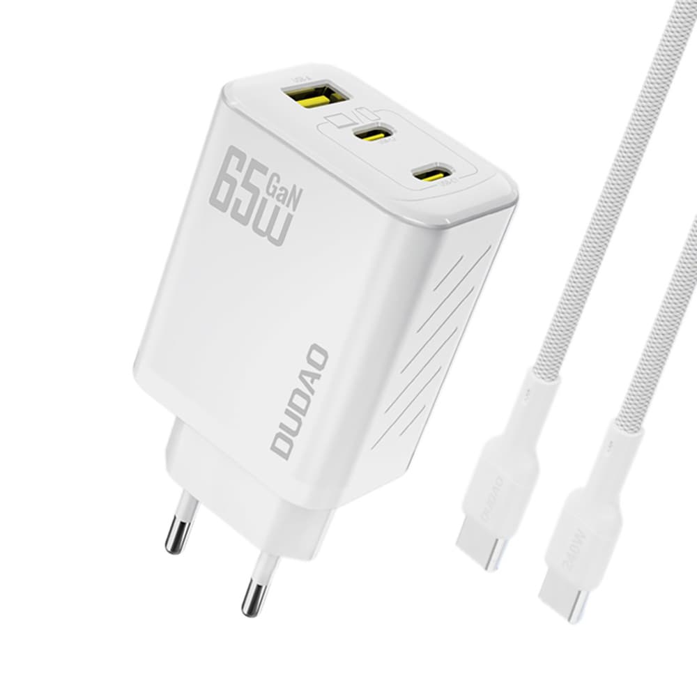 Dudao 65W GaN-seinälaturi USB-C-, USB-A- ja USB-C-kaapelilla – valkoinen