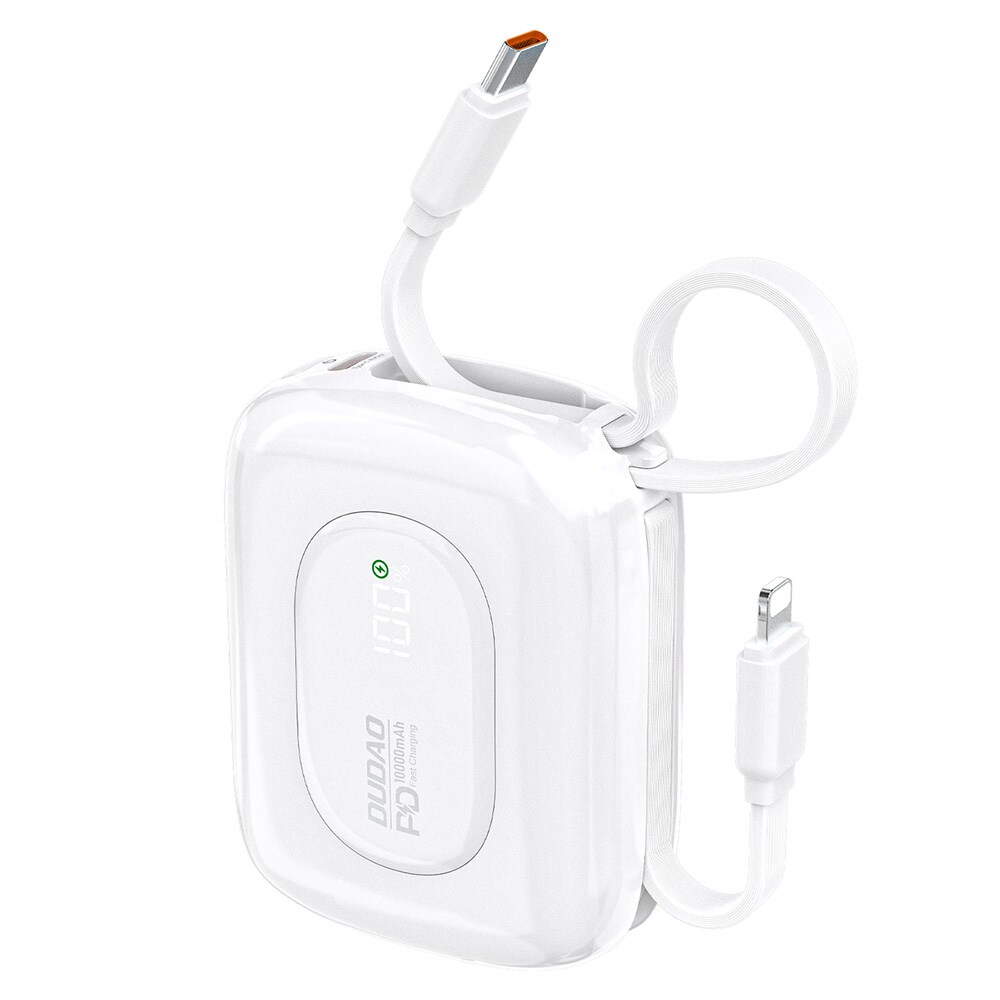 Dudao Powerbank 22.5W 10000mAh sisäänrakennetulla USB-C:llä ja salamakaapelilla - Valkoinen