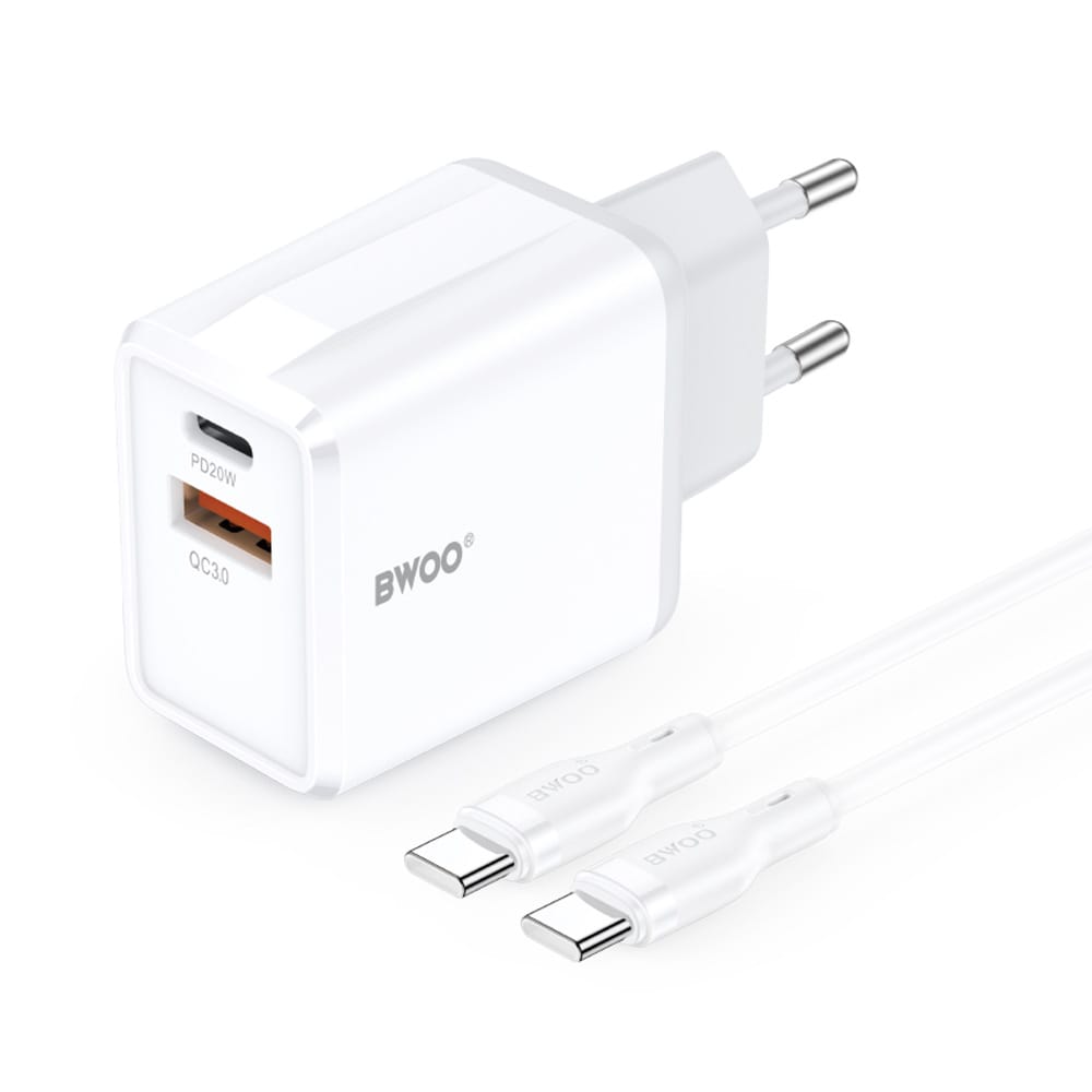 BWOO Seinälaturi 38W QC USB ja USB-C + USB-C kaapeli 1m