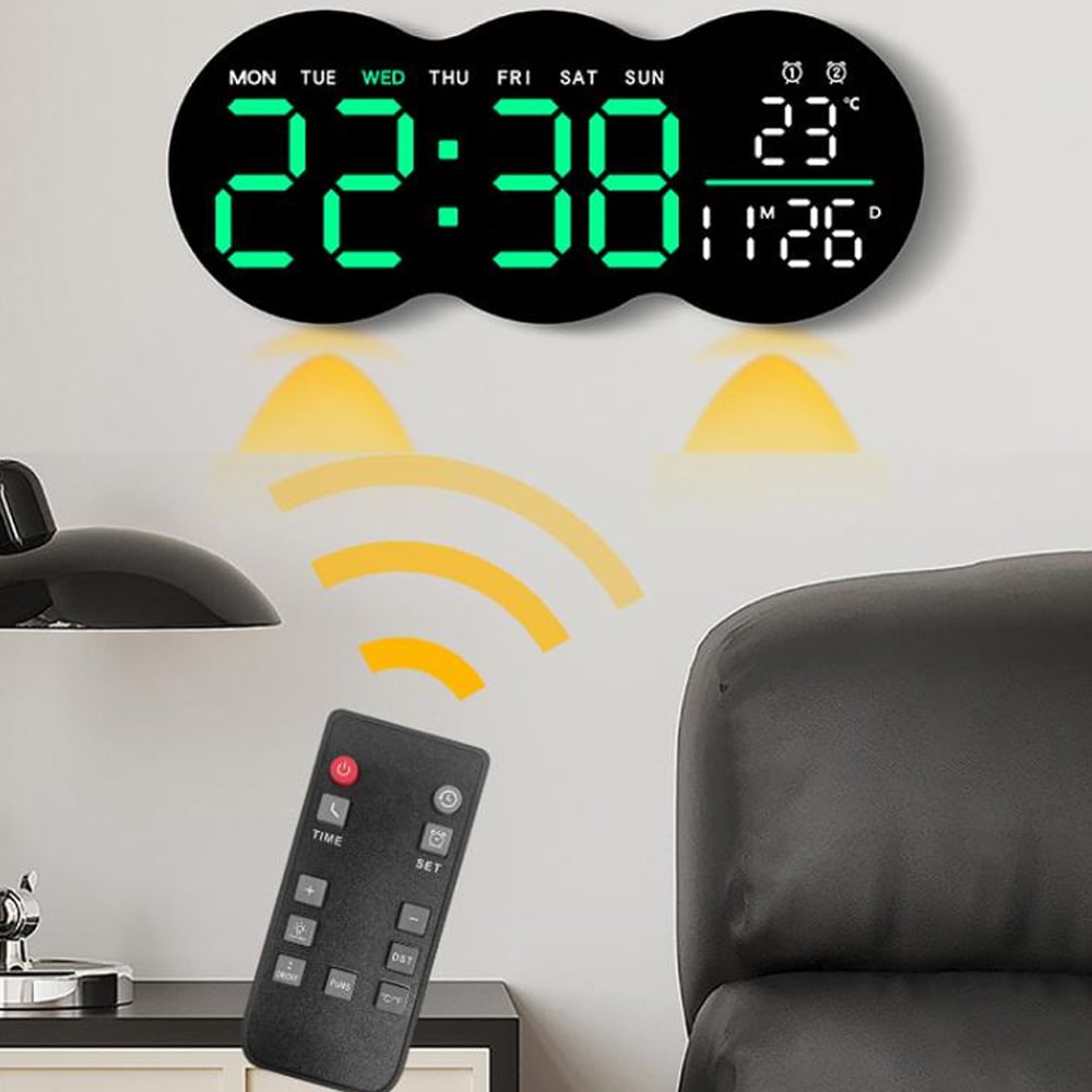 Digitaalinen seinäkello / LED-kello päivämäärällä / lämpötilalla / viikonpäivällä / ajastimella / kaukosäätimellä