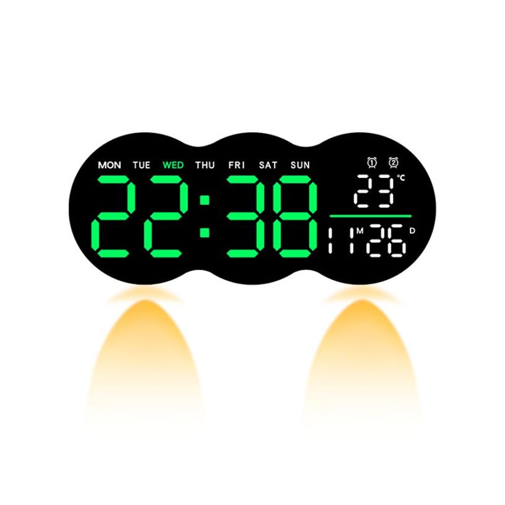 Digitaalinen seinäkello, jossa on päivämäärä, lämpömittari ja lähtölaskenta ajastin