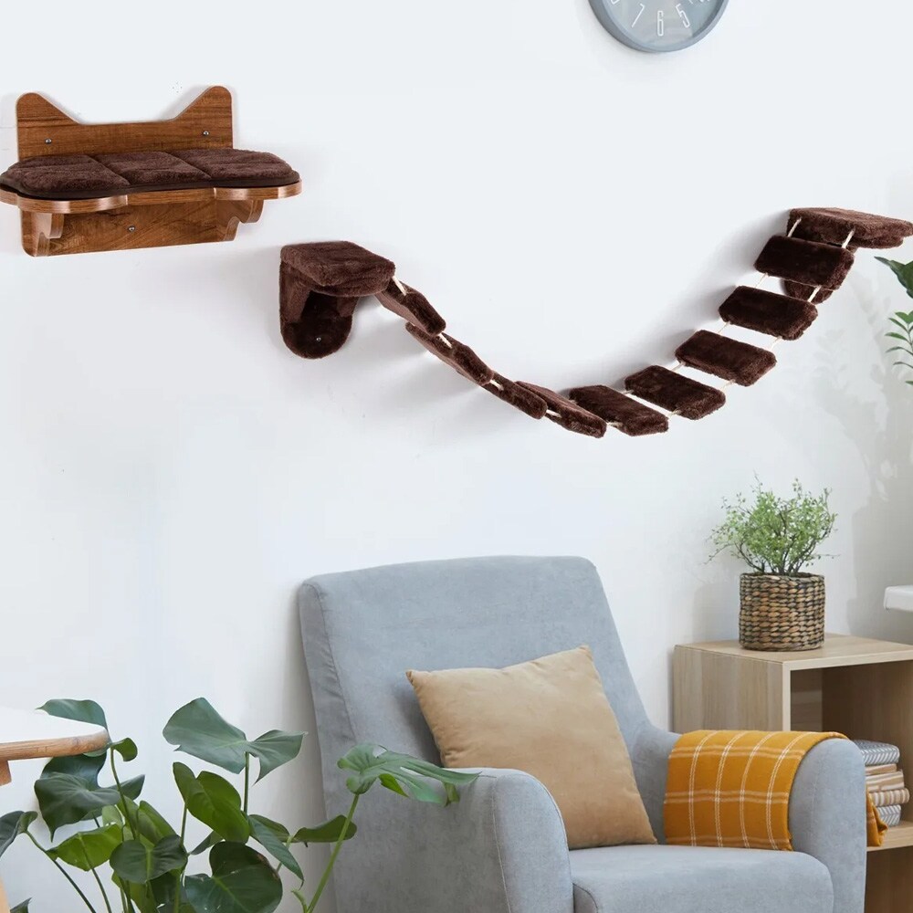 Seinään kiinnitettävät kiipeilytikkaat kissansängyllä – ruskea