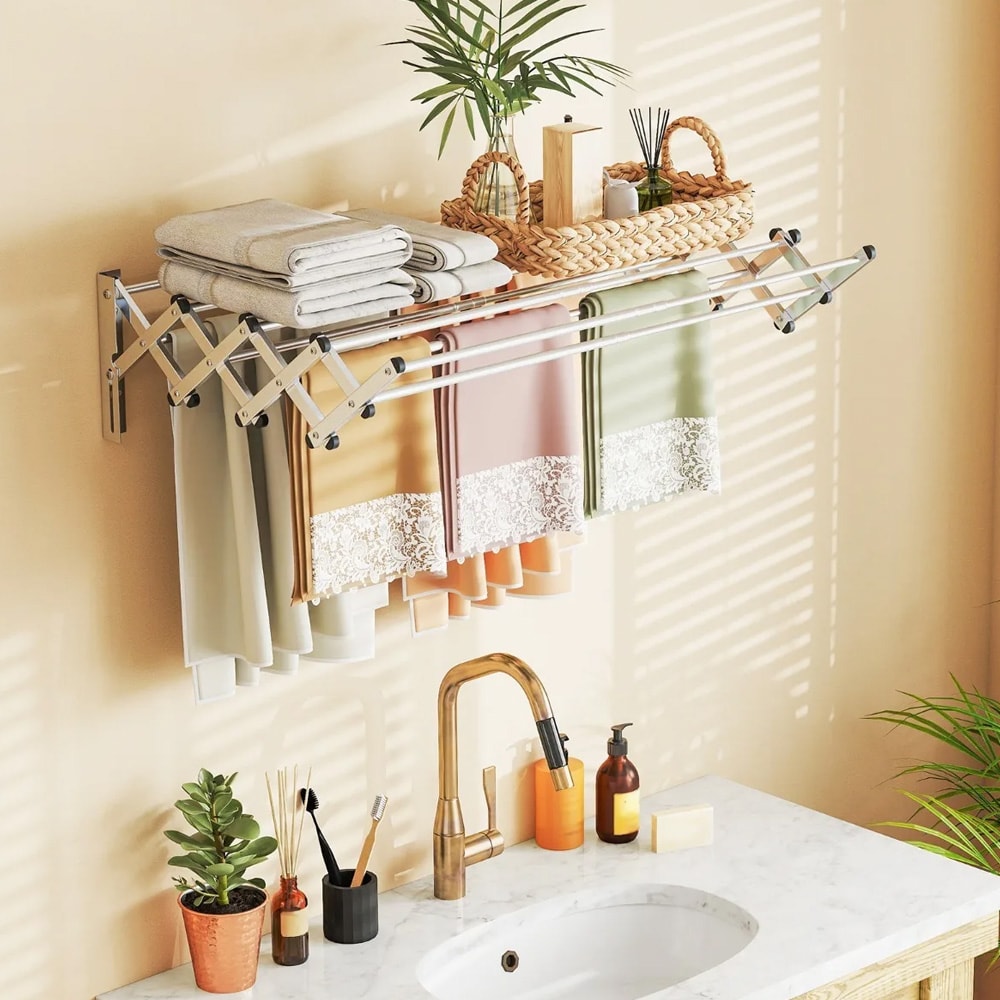 Ulosvedettävä seinään kiinnitettävä ruostumattomasta teräksestä valmistettu pyykkiripustin, jossa on 8 tankoa