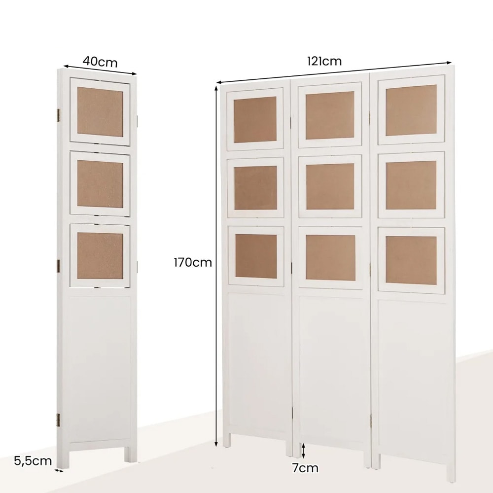 Huoneenjakaja, 3 paneelia ja 9 valokuvakehystä, H170 cm - Valkoinen