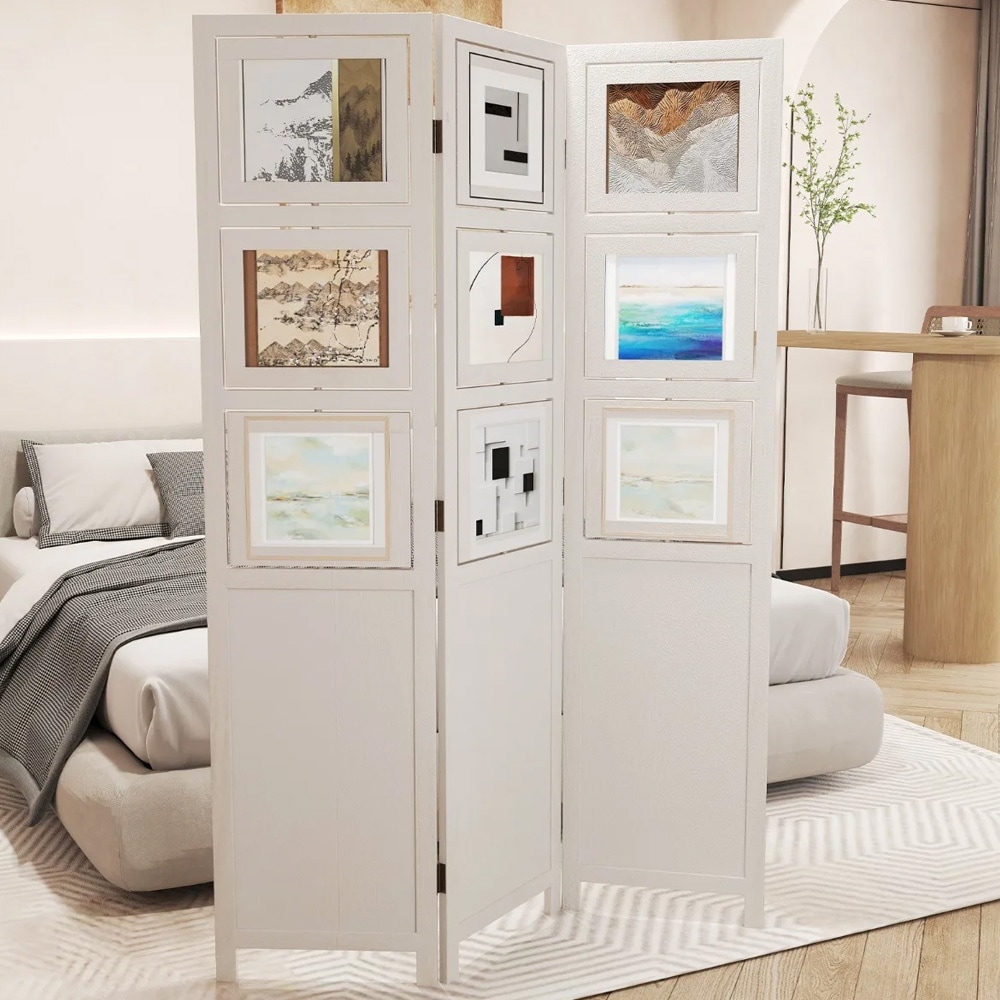 Huoneenjakaja, 3 paneelia ja 9 valokuvakehystä, H170 cm - Valkoinen