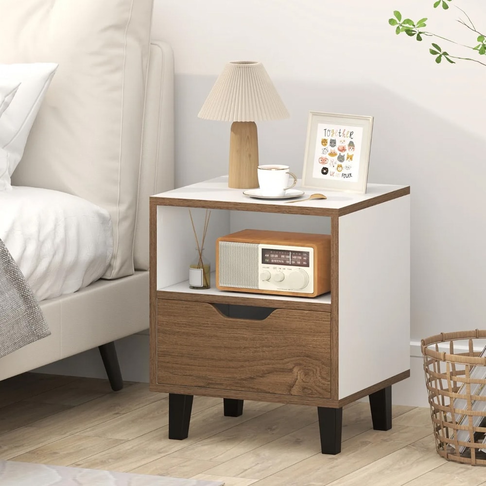 Yöpöytä / sivupöytä laatikolla ja hyllyllä – luonnonpuu/valkoinen