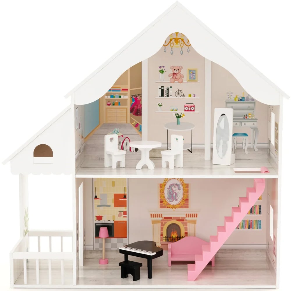 2-kerroksinen nukkekoti kalusteineen