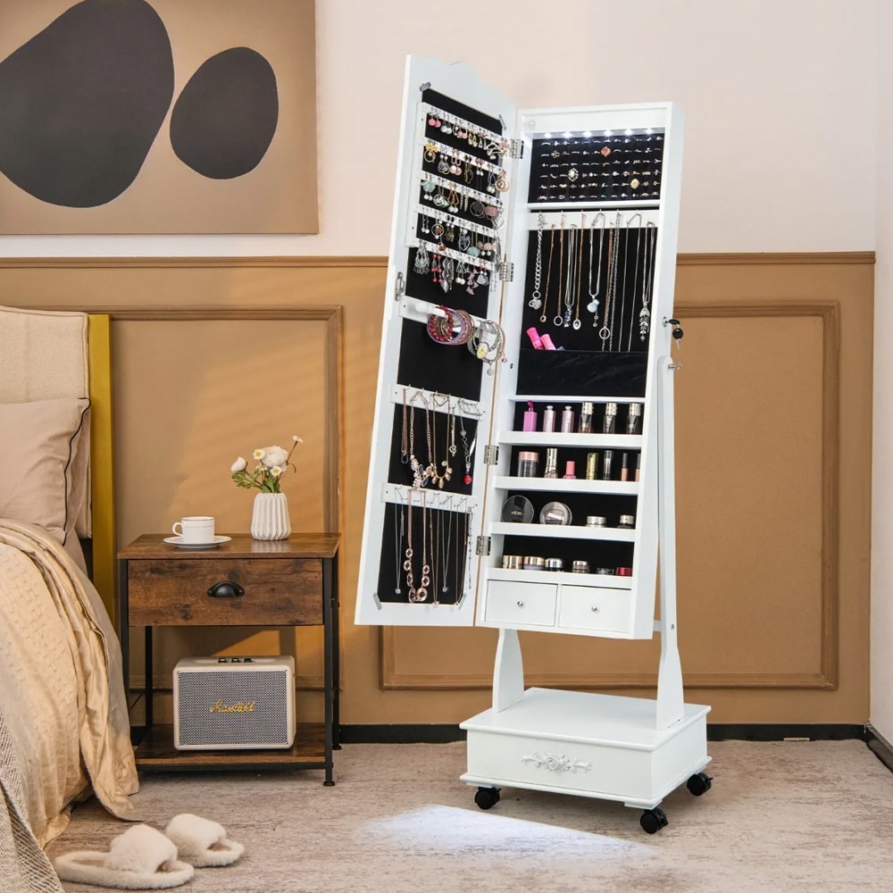 Peilikaappi, jossa on korusäilytys pyörillä, lukolla, LED-valaistuksella ja säädettävällä kallistuksella